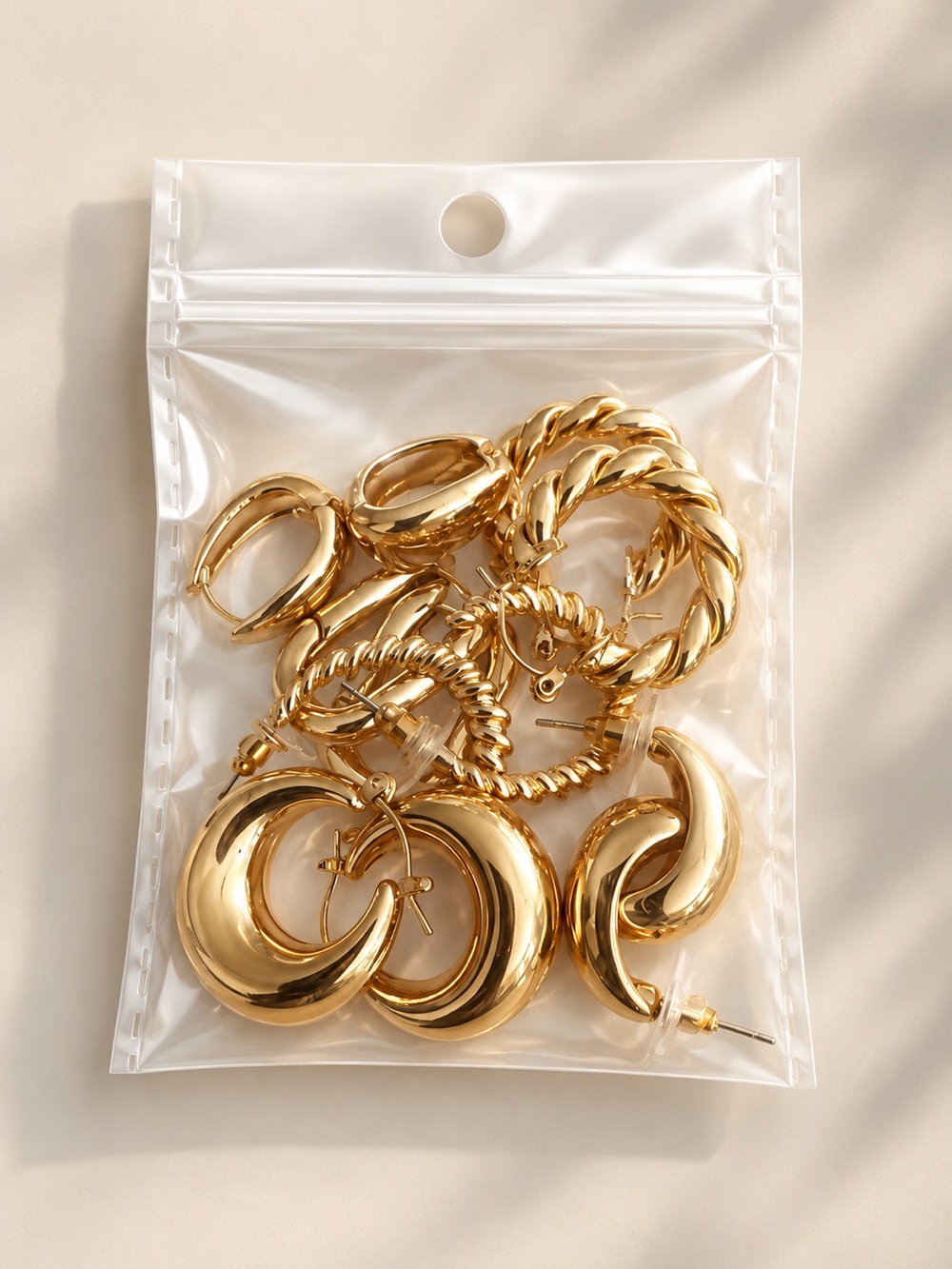 Gold Hoop & Twisted Earrings Set - 6 pair Shiny Gold Finish 14 k gold plated